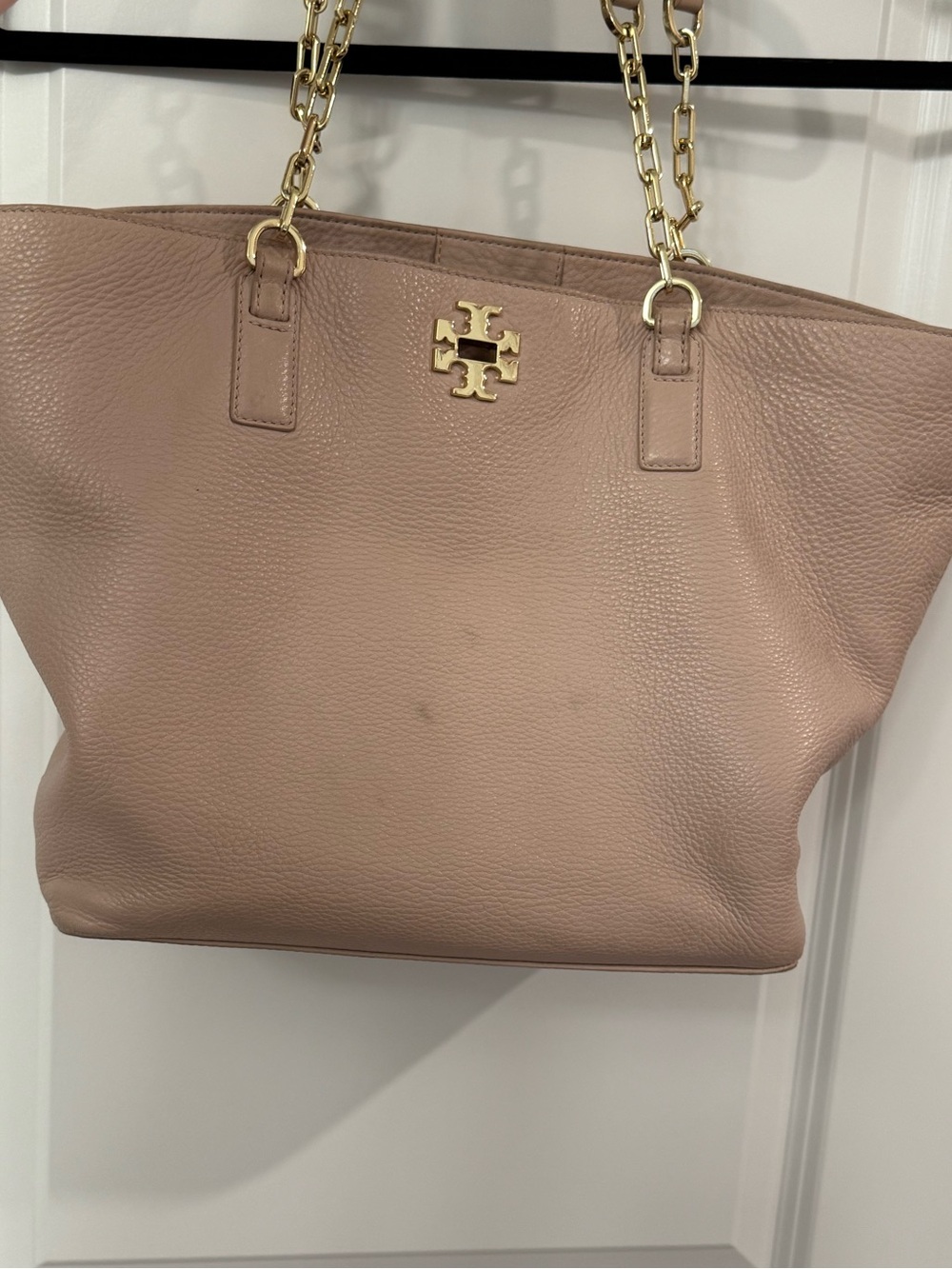 Tory Burch Pebbled Leather Tote in Blush Taupe with Gold Hardware